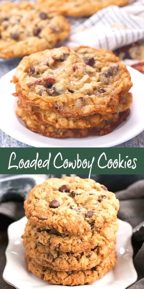 Loaded Cowboy Cookies Recipe - Chewy, buttery cookies with oats, chocolate chips, pecans and coconut #dessert #cookies #cowboycookes #rangercookies #chocolatechipcookies #snacks #thatskinnychickcanbake Ultimate Cowboy Cookies, Loaded Cowboy Cookies, Special K Cookies Recipe, Oatmeal Everything Cookies, Best Cowboy Cookies Recipe, Ranch Cookies Recipe, Amazing Cookie Recipes Awesome, Oat Meal Cookies Recipes, Cooks Country Recipes Desserts