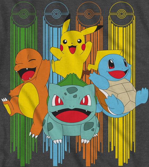 This Pokemon t-shirt features all of his favorite Starter Pokemon: Pikachu, Bulbasar, Squirtle, and Charmander. The large graphics and bright colors are sure to please any Pokemon fan! These tees are crewneck and tagless with a roomy, relaxed fit. See Size Chart Image for measurements. In Charcoal Heather. 60% Cotton/40% Polyester. Machine washable. Imported. Pokemon Pikachu Evolution, Squirtle And Charmander, Pikachu Shirt, Starter Pokemon, Pokemon Ideas, Pokemon Painting, Gengar Pokemon, Pokemon Charmander, Pokemon T