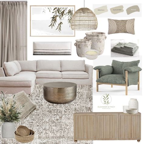 Greige Boho Living Room, Dark Sofa Neutral Living Room, Neutral Living Room Palette, Neutral Tones Decor, Neutral Interior Design Modern, Coastal Luxe Interiors Living Room, Natural Interior Mood Board, Beach House Inspo Coastal Style, Space Between Couch And Window