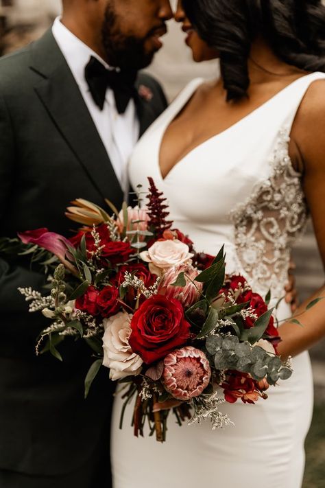 Beautiful pink, red and sage green bridal bouquet l Image by Barbara Oliver Red Blush Green Wedding, Red And Olive Green Wedding, Emerald Green And Wine Red Wedding Theme, Sage And Red Wedding, Red And Sage Green Wedding, Sage Green Bridal Bouquet, Surprise Gender Reveal, Bridal Bouquet Green, Red Wedding Bouquet