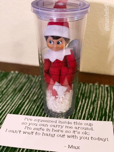 Safe in the cup! ❤️ Max the Elf Elf On The Shelf Carrier Ideas, Elf On The Shelf Allowed To Touch, Elf On The Shelf Carrier, Diy Elf On The Shelf Carrier, Elf On The Shelf In A Jar To Carry, Elf Carrier, Elf Carrying Case, Elf On The Shelf Transport Jar, Elf On The Shelf Take Me With You Jar