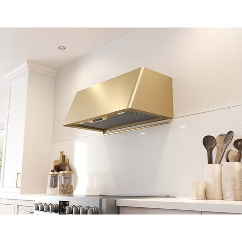 Zephyr Designer Collection 36 in. Canopy Pro Style Range Hood with 3 Speed Settings & 2 LED Lights - Satin Gold, Undercabinet Hoods | DME-M90ASGX Gold Hood Vent, Stainless Steel Hood Vent, Ventilation Hood, Hood Ideas, Fume Hood, Fixer Upper House, Kitchen Ventilation, Wall Mount Range Hood, Vent Hood