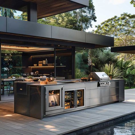 18+ Stylish and Functional Outdoor Kitchen Design Inspirations • 333+ Art Images Indoor Outdoor Kitchen Design, Bbq Interior Design, Parilla Grill Outdoor Kitchens, Outdoor Commercial Kitchen, Outdoor Kitchen Cabinets Ideas, Bbq Kitchen Ideas, Outdoor Kitchen Black, Boho Modern Bedroom, Rooftop Kitchen