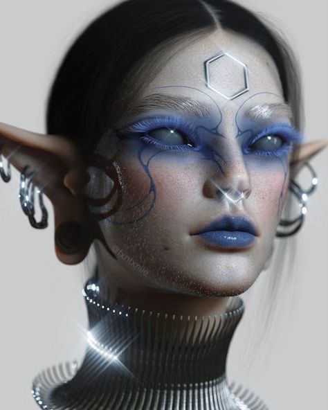 Top 10 Alien Halloween Makeup Looks For Unearthly Elegance Futuristic Makeup Men, Alien Futuristic Aesthetic, Futuristic Fashion Makeup, Dark Alien Aesthetic, Alien Aesthetic Makeup, Cybersigilism Makeup, Futurecore Aesthetic, Sci Fi Fantasy Aesthetic, Cyberpunk Makeup Ideas