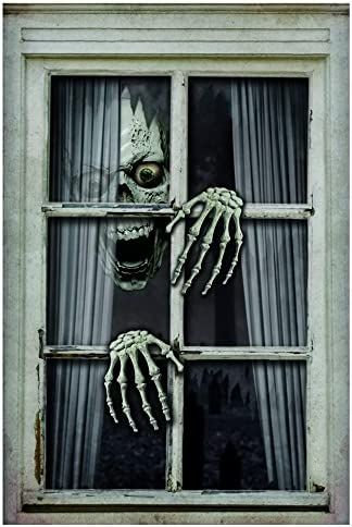 Spooky Outdoor Halloween Decor, Halloween Decorations To Make, Scary Skeleton, Window Poster, Halloween Skeleton Decorations, Fake Window, Zombie Monster, Giant Poster, Skull Decal