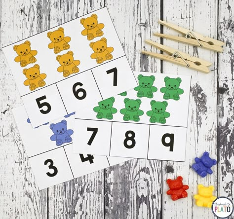 Activity for ages 3 to 5. Counting bears are such a motivating math manipulative for young children. They’re great for practicing patterns, graphing and (of course!) counting. Bring a big dose of hands-on fun to ordinary number work with this colorful batch of counting bear clip cards. They’re a playful way to learn the numbers 1 to 12! Getting Ready … Math Manipulative, Counting Bears, Playdough To Plato, Cvc Activities, Pre K Math, Math Manipulatives, Math Counting, Counting Cards, Numbers Preschool