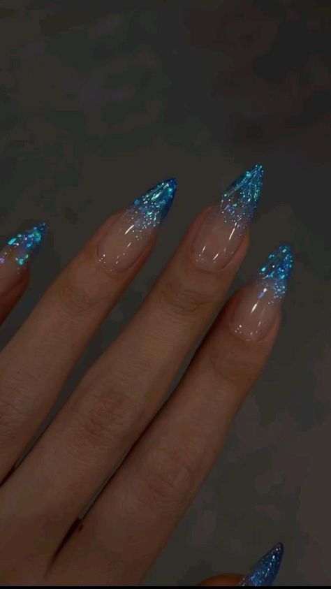 Metallic French Nails, Nails Winter Blue, French Nails Winter, Winter Blue Nails, Cinderella Nails, Glitter French Nails, Artistic Nails, Festive Nails, Cruise Nails