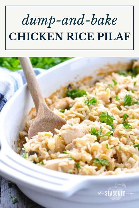 This Dump-and-Bake Chicken and Rice Pilaf is an entire dinner that cooks in one dish! Full of zesty seasonings, fresh herbs, and crunchy almonds, it’s a satisfying and cozy meal for your busiest nights. Chicken And Rice Pilaf, Loaded Food, Zesty Italian Chicken, Italian Baking, Rice Pilaf Recipe, Chicken Casseroles, Pilaf Recipes, Easy Chicken And Rice, Bake Chicken