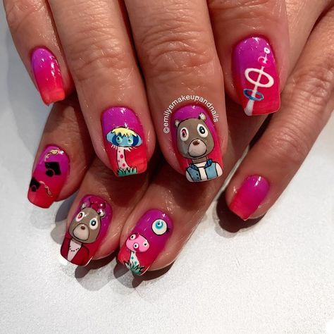 Kanye Inspired Nails, Kanye West Inspired Nails, Kanye West Nails, Album Inspired Nails, Album Cover Nails, Graduation Kanye West, Album Nails, Kanye Bear, Nail Makeover