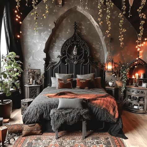 Earthy Moody Aesthetic, Bedroom Esthetics, Rustic Gothic Home Decor, Hanging Ceiling Decor, Edgy Interior, Spooky Bedroom, Gothic Interior Design, Moody Interior Design, Goth Bedroom