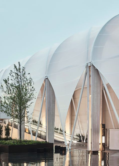 Chadstone Shopping Centre gets arched link by Make Architects Evergreen Climbing Plants, Membrane Structure, Tensile Structures, Pedestrian Walkway, Timber Structure, Structure Architecture, Glass Roof, Shopping Centre, Site Plan