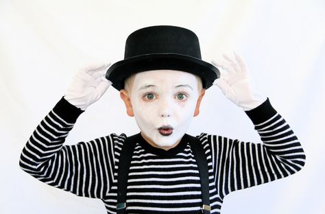 This one was a blast for us. Elliott loved pretending to be a mime! He  actually got pretty good at the whole "walking down the stairs" bit. He  loved this so much, he tried to change his halloween costume to be this. We  debated back and forth and finally settled on him being a mime for one of  the parties we are going to. Ah, parenthood. It's all about compromises!  This costume is seriously so easy to throw together. We got the hat, face  paints and gloves from the party store and ... Mime Costume, Easy Diy Halloween Costumes, Handmade Halloween Costumes, Costume Carnaval, Creepy Costumes, Diy Kostüm, Skeleton Costume, Last Minute Costumes, Diy Halloween Costumes Easy