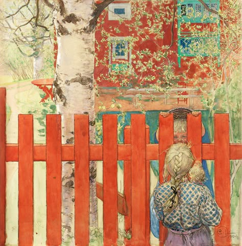 Carl Larsson - By the Fence (1904) Goblin Core Art, Win Lose Or Draw, Canvas Painting Projects, Canvas Art Painting Acrylic, John Bauer, Art With Meaning, Carl Larsson, Canvas Art Projects, Simple Canvas Paintings