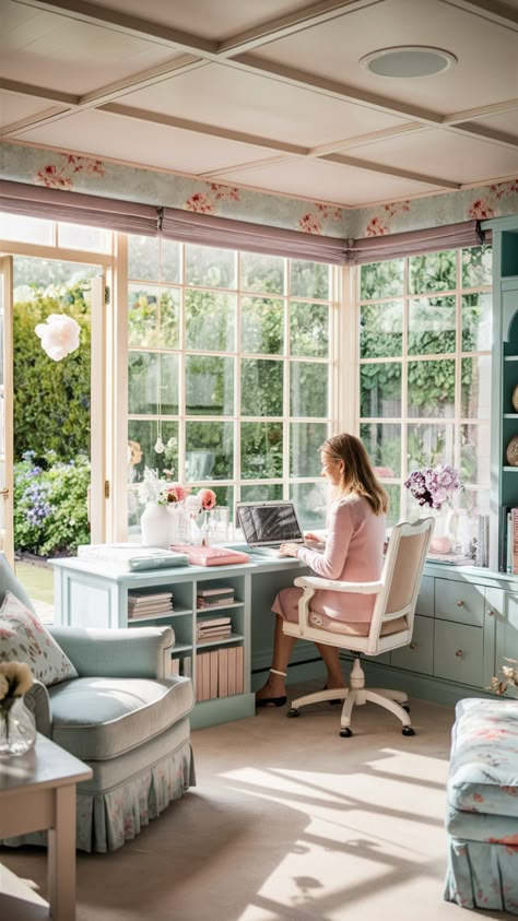 Create a luxurious sunroom office with elegant decor and plenty of natural light. Use classy furniture and sophisticated accents to transform your workspace into a haven of productivity and style. #sunroom #luxuriousstyle #officeinspo #elegantoffice #homedécor #naturalight #officecolors #officeorganization #decoration #homeofficeideas Office In Conservatory, European Sunroom, Office Vintage Aesthetic, Small Sunroom Office Ideas, Sunroom Home Office Ideas, Sunroom Homeschool Room, Home Office Sunroom, Sunroom Home Office, Patio Office Ideas