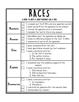 This checklist helps navigate students through the process of citing evidence in a short answer written response using the RACES method. RACES stands for Restate, Answer, Cite, Explain, and Summarize. The checklist includes information that needs to be met in order to cite evidence; such as using ... Race Response, Races Strategy, Resource Room Teacher, Race Writing, Middle School Special Education, Citing Evidence, 5th Grade Writing, Academic Language, Summary Writing