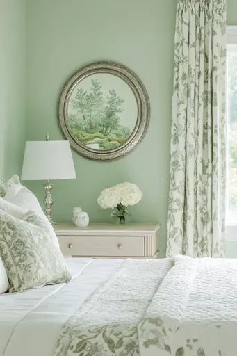 ↑↑↑ Larger size on website 🔸 A bedroom with a green color scheme. The walls are a soft sage green and the bedding is white with a Vintage Green Bedroom, Vase With White Flowers, Vintage Cottagecore Aesthetic, Green Bedroom Design, Green Bedroom Ideas, Soft Sage Green, Green Color Scheme, Sage Green Bedroom, Green Color Schemes