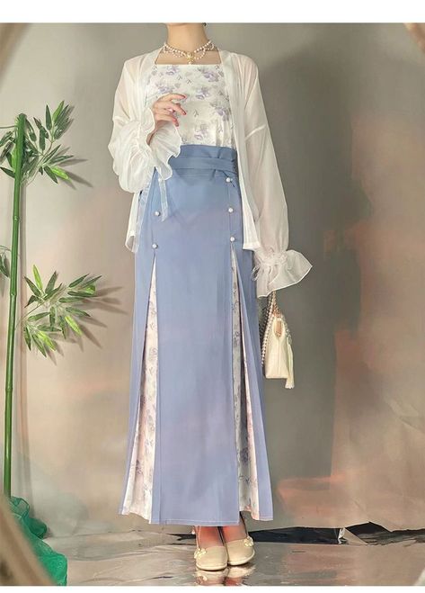 Song Dynasty Sweet Hanfu Dress Three Piece Suit Lace Trumpet Sleeve Jacket Printed Sling Improved Modern Horse Face Skirt Women - AliExpress Modern Dress Designs, Modernized Hanfu, Design Baju Raya, Modern Hanfu Dress, Hanfu Skirt, Hanfu Modern, Face Skirt, Long Jacket Dresses, Gaun Dress