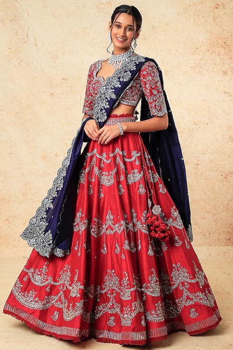 Luxury Red Cotton Silk Lehenga, Red Banarasi Lehenga, Red Embroidered Lehenga With Silk Thread, Red Silk Lehenga, Jayanti Reddy Lehenga, Red Embroidered Silk Lehenga, Jayanti Reddy Red Lehenga, Embroidered Bridal Lehenga, Jayanti Reddy