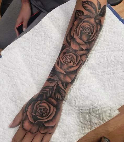 Rose Arm Sleeve Tattoos For Women, Rose Quarter Sleeve Tattoo, Rose Tattoo Half Sleeve Lower Arm, Baddie Forearm Tattoos, Half Sleeve Tattoos For Women Upper Arm Roses And Butterflies, Big Rose Tattoo Arm, Half Sleeve Rose Tattoo, Upper Arm Tattoos For Guys, Arm Cover Up Tattoos