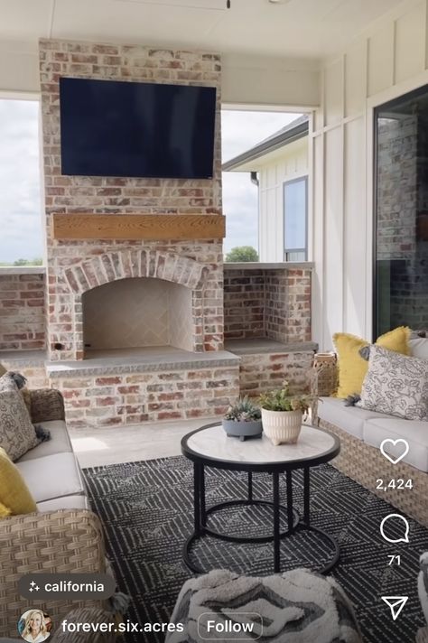 Dual Fireplace Indoor Outdoor, Back Porch Brick Fireplace, Screen Porch Fireplace, Outdoor Fireplace Patio Covered, Back Porch Fireplace, Brick Outdoor Fireplace, Covered Porch With Fireplace, Outdoor Brick Fireplace, Patio Goals