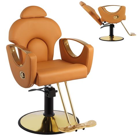 PRICES MAY VARY. Modern Design：The armrest adopt hollow metal structure design, With classic golden circular base metal frames,making the overall line of the salon chair streamlined, more modern and fashion. Upgraded Comfort：All the barber chair adopt High density memory sponge,it is soft and highly resilient. Covered with PVC artificial leather,which is skin friendly and breathable, as well as wear resistant and easy to clean. Can quickly disperse human body pressure, and enjoy a pressure free Home Barbershop, Reclining Salon Chair, Hair Chair, Stylist Chair, Beauty Salon Chairs, Hair Salon Chairs, Beauty Chair, Edgy Short Hair, Salon Chairs