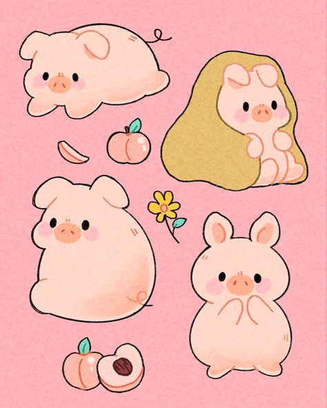 Cute Pigs Drawing, Pig Cute Drawing, Pigs Drawing, Pig Kawaii Drawing, Cute Pig Face Drawing, Pig Doodle Cute, Pig Ears, Kawaii Fruit, Pig Drawing