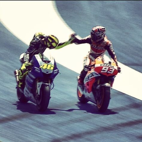 Valentino Rossi and Marc Marquez Vr46 Valentino Rossi, Triumph Motorbikes, Valentino Rossi 46, Bike Racing, Marc Marquez, Moto Bike, Garage Tools, Picture Postcards, Valentino Rossi