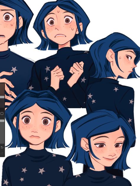 Layered Haircuts Short, Coraline And Wybie, Coraline Art, Expression Sheet, Coraline Aesthetic, Coraline Jones, 50 Hair, Haircuts Short, Arte Sketchbook