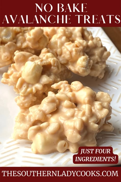 These no bake avalance treats are only four ingredients and so good! Avalanche Cookies, Ice Cream Pudding, The Southern Lady Cooks, Southern Lady Cooks, Christmas Eats, Cereal Treats, Southern Lady, Cookie Time, Candy Fudge