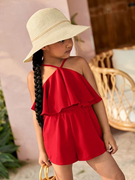 SHEIN Young Girls Solid Color Casual Romper With Ruffled Hem And Halter NeckI discovered amazing products on SHEIN.com, come check them out! Girls Boots Outfit, Sumner Outfits, Baby Birthday Photoshoot, Fair Outfits, Shein Kids, Summer Outfits Kids, Baby Frocks Designs, Casual Rompers