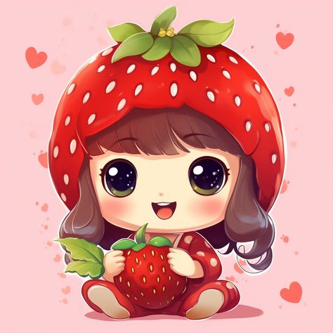 Cute Strawberry Illustration, Strawberry Cartoon Drawing, Strawberry Cute Drawing, Cute Cartoon Illustration, Strawberry Girl Drawing, Cute Girl Sticker, Strawberry Images, Strawberry Character, Cartoon Strawberry