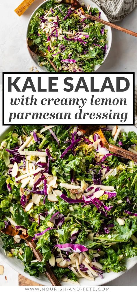 Lemon Parmesan Dressing, Kale Brussel Sprout Salad, Easy Kale Salad, Kale Salad Dressing, Red Cabbage Salad, Brussels Sprouts Salad, Cabbage Salad Recipes, Kale Salad Recipes, Creamy Garlic Chicken