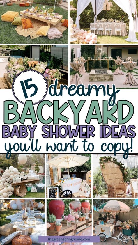 15 Dreamy Backyard Baby Shower Ideas - The Greenspring Home Baby Shower Outdoor Ideas, Baby Shower Park Ideas, Outdoor Baby Shower Decoration Ideas, Outdoor Baby Shower Decor, Baby Shower At Home Set Up, Backyard Baby Shower Ideas, Outdoor Baby Shower Ideas, Vintage Baby Shower Ideas, Outside Baby Shower Ideas