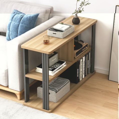 Icon Wood and Steel Sofa Side Table with Shelves Coffee Table/ Book & Magazine Shelf (OAK) Simple Furniture Design, Magazine Shelf, Diy Pipe Shelves, Table With Shelves, Steel Sofa, Coffee Table With Shelf, Steel Coffee Table, Shelving Design, Wood And Steel