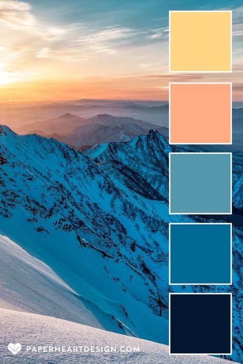 Sunrise over a snowy mountain top, with color palette from the image, shades of blue, peach, and buttery yellow Sunrise Color Palette, Pantone 2024, Trailer Makeover, Colour Themes, Sunrise Colors, Temperature Blanket, Mountain Sunrise, 2024 Color, Mountain Decor