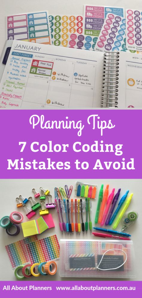 color coding mistakes to avoid planning tips inspiration ideas school beginner diary agenda organization all about planners Color Coding Planner, Types Of Planners, Creative Planner, My Planner, Notes Planner, Agenda Planner, Work Planner, Planner Spread, Planner Supplies