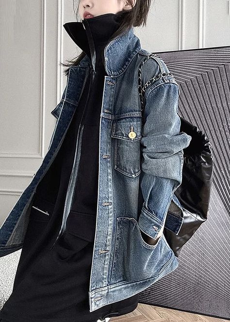 dolls-rock Long Denim Coat, Denim Coat Women, Denim Outfits, Chic Fall Outfits, Comfortable Room, Denim Coat Jacket, Oversized Jacket, Denim Details, Denim Jacket Women