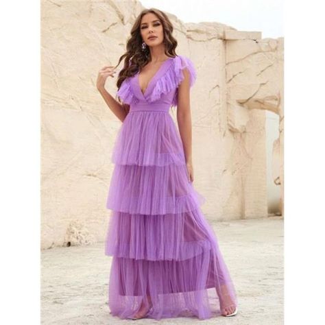 Mesh Overlay Dress, Plunging Neck, Purple Mini Dresses, Overlay Dress, Women Formals, Mesh Overlay, Flounce Sleeve, Line Dress, Neck Ruffle