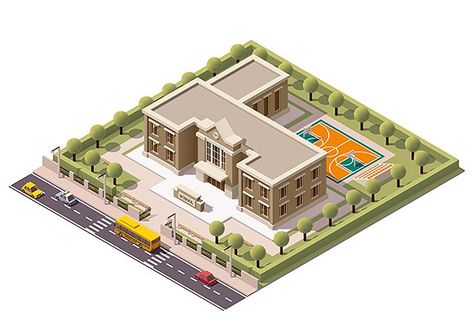 Vector isometric school by tele52 on @creativemarket Sims4 Build, Minecraft School, University Building, School Building Design, City Project, Minecraft Mansion, Seni Pastel, Bangunan Minecraft, Minecraft Modern