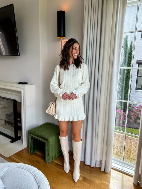 White Sweater Skirt Set, Engagement Party Winter Outfit, Fall Sweater Dress Outfits Boots, White Christmas Dress Outfit, Fall White Outfit, Engagement Party Outfit Winter, Winter White Dress Outfit, Family Christmas Party Outfits, Sweater Dress And Boots Outfit