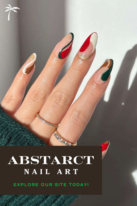 It uses classic Christmas shades like red, green, and gold, along with a grounding shade of brown. Lights Lacquer, Nail Art Christmas, Xmas Nail Designs, Christmas Nail Design, Abstract Nails, Abstract Nail, Christmas Tree Nails, Candy Cane Nails, December Nails