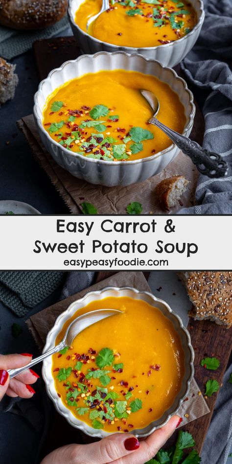 This Easy Carrot and Sweet Potato Soup is a delicious combination of onions, carrots, sweet potatoes and just a touch of spice. Not only is it delicious, but it’s packed with nutritional goodness, it counts as 3 of your 5 a day and only contains 219 calories! #soup #vegetablesoup #carrotsoup #sweetpotatosoup #carrotandsweetpotato #vegansoup #vegetariansoup #makeahead #fillthefreezer #weekdaylunch #officelunch #under500calories #easymidweekmeals #midweekmeals #easyrecipes #easypeasyfoodie Carrot And Sweet Potato Soup, Curried Parsnip Soup, Carrot And Sweet Potato, Sweet Potato Carrot Soup, Sweet Potato Soup Vegan, Carrots Sweet, Carrot And Coriander Soup, 5 A Day, Spiced Carrots