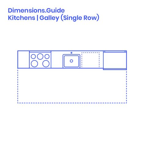 Single Row Galley Kitchens Dimensions & Drawings | Dimensions.com Single Row Kitchen, Single Galley Kitchen, Linear Kitchen Layout, Homemade Kitchen Tables, Narrowboat Kitchen, Single Wall Kitchen, Shed Roof Design, Kitchen Galley, Galley Kitchen Layout