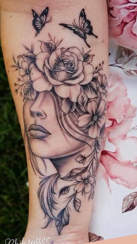 Tatoos Woman Leg Butterfly, Tattoo Of Female Face, Tattoo Of Woman Face, Womens Face Tattoo Design, Shoulder To Arm Tattoos For Women, Womans Face Tattoo Design, Face And Flower Tattoo, Face Tattoo With Flowers, Mandela Tattoo Designs For Women