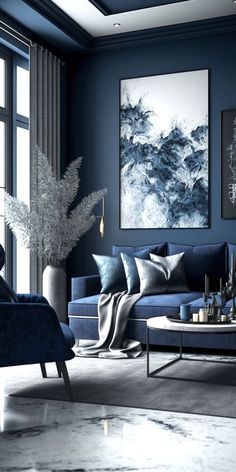 Navy Blue And Grey Living Room, Blue Grey Living Room, Blue And Green Living Room, Blue Walls Living Room, Living Room Color Combination, Room Color Combination, Navy Living Rooms, Blue And White Living Room, Blue Living Room Decor