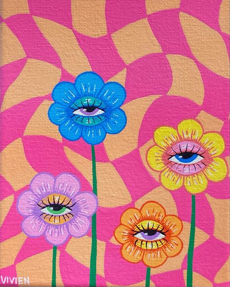 Indie Paintings Aesthetic, Flower Power Painting, Funky Flowers Drawing, Eye Flower Painting, Trippy Flower Art, Emo Painting, Boho Drawing Hippie Art, Flowers With Eyes, Trippy Flowers