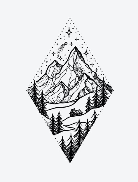 Mountain Cabin Tattoo, Heather Tattoo, Cabin Tattoo, Snowboarding Tattoo, Arte Ganesha, Wood Tattoo, Mountain Tattoo Design, Little Cabin In The Woods, Circle Tattoos