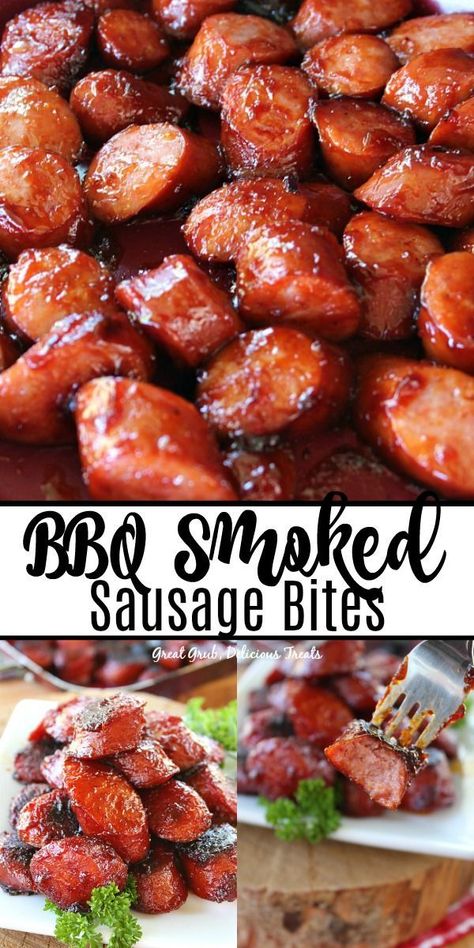 Bbq Sausage Crockpot, Bbq Smoked Sausage Bites, Smoked Sausage Bites, Bbq Smoked Sausage, Kalbasa Recipes, Sausage Bites, Sausage Appetizers, Grilled Kabob Recipes, Grilling Recipes Sides