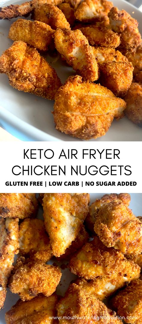 Keto Air Fryer Chicken Nuggets with buffalo sauce! These are so good! I doubt anyone would ever guess they are a keto air fryer snack. These are crispy, crunchy and oh-so-good dipped in ranch or buffalo sauce! #ketochickennuggets #ketoairfryerchicken #ketochickenrecipes #ketosnacks #ketoairfryerrecipes Low Carb Chicken Nuggets Air Fryer, Keto Air Fryer Chicken, Keto Chicken Nuggets, Air Fryer Chicken Nuggets, Stylish Cravings, Air Fryer Dinner, Air Fryer Recipes Keto, Holidays Recipes, Keto Casseroles