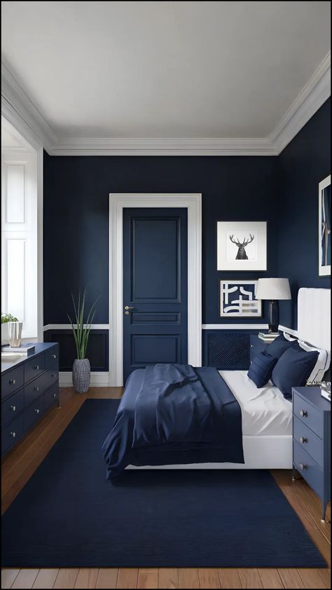 10 Navy Blue Bedroom Ideas For Men With Black and White Wall Art Room Color Ideas Bedroom Men, Blue Male Bedroom, Male Room Ideas Masculine Bedrooms, Blue Bedroom Ideas For Men, Navy Room Decor, Bedroom For Men, Small Bedroom Ideas For Men, Room Color Ideas Bedroom, Navy Blue Bedroom Ideas